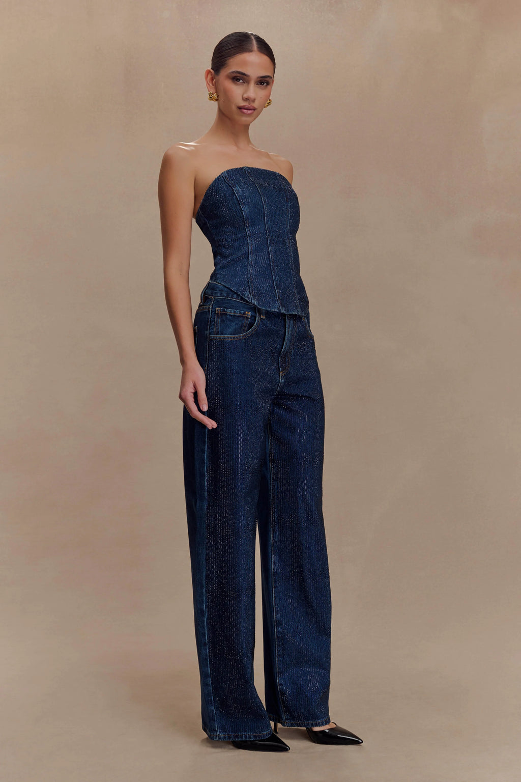 Laina Mid Rise Diamante Denim Jeans - Midnight Blue