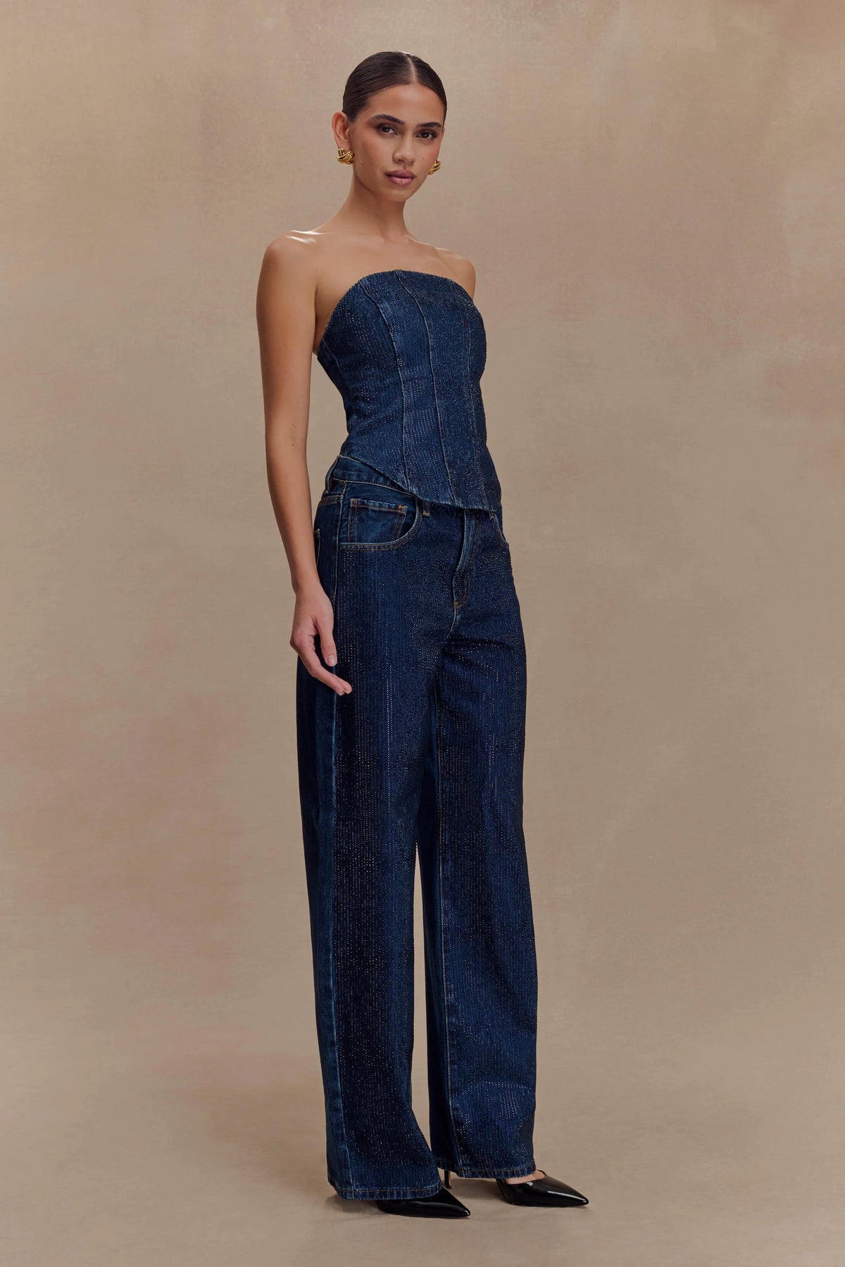 Laina Mid Rise Diamante Denim Jeans - Midnight Blue