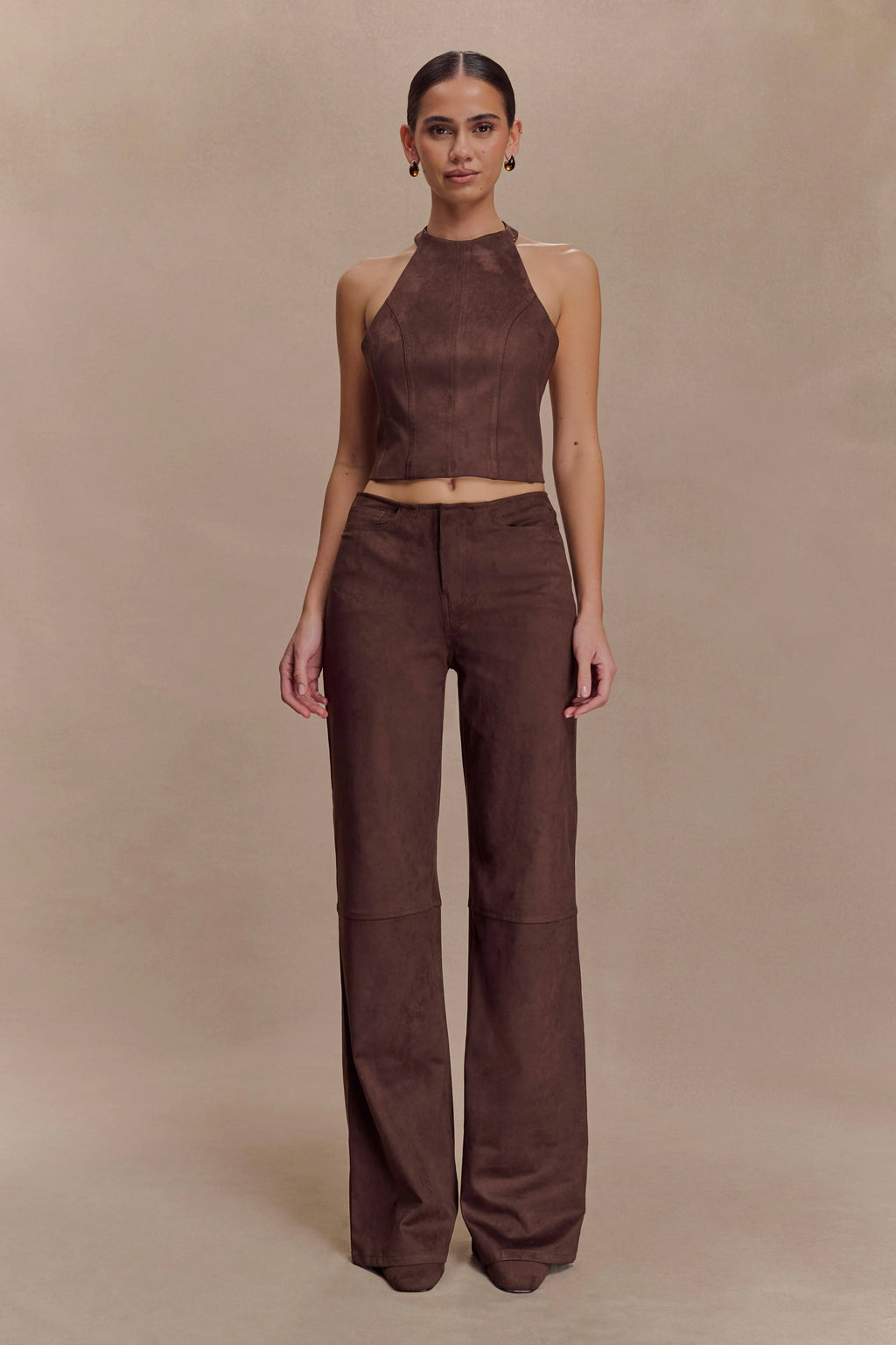Logan Faux Suede Halter Top - Dark Chocolate