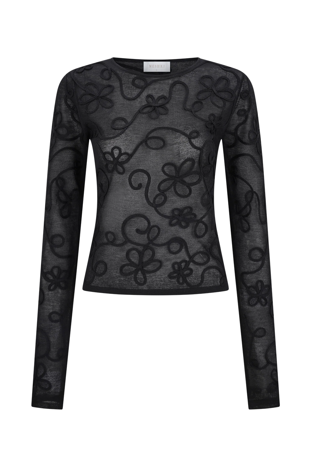 Omari Embroidery Long Sleeve Knit Top - Black