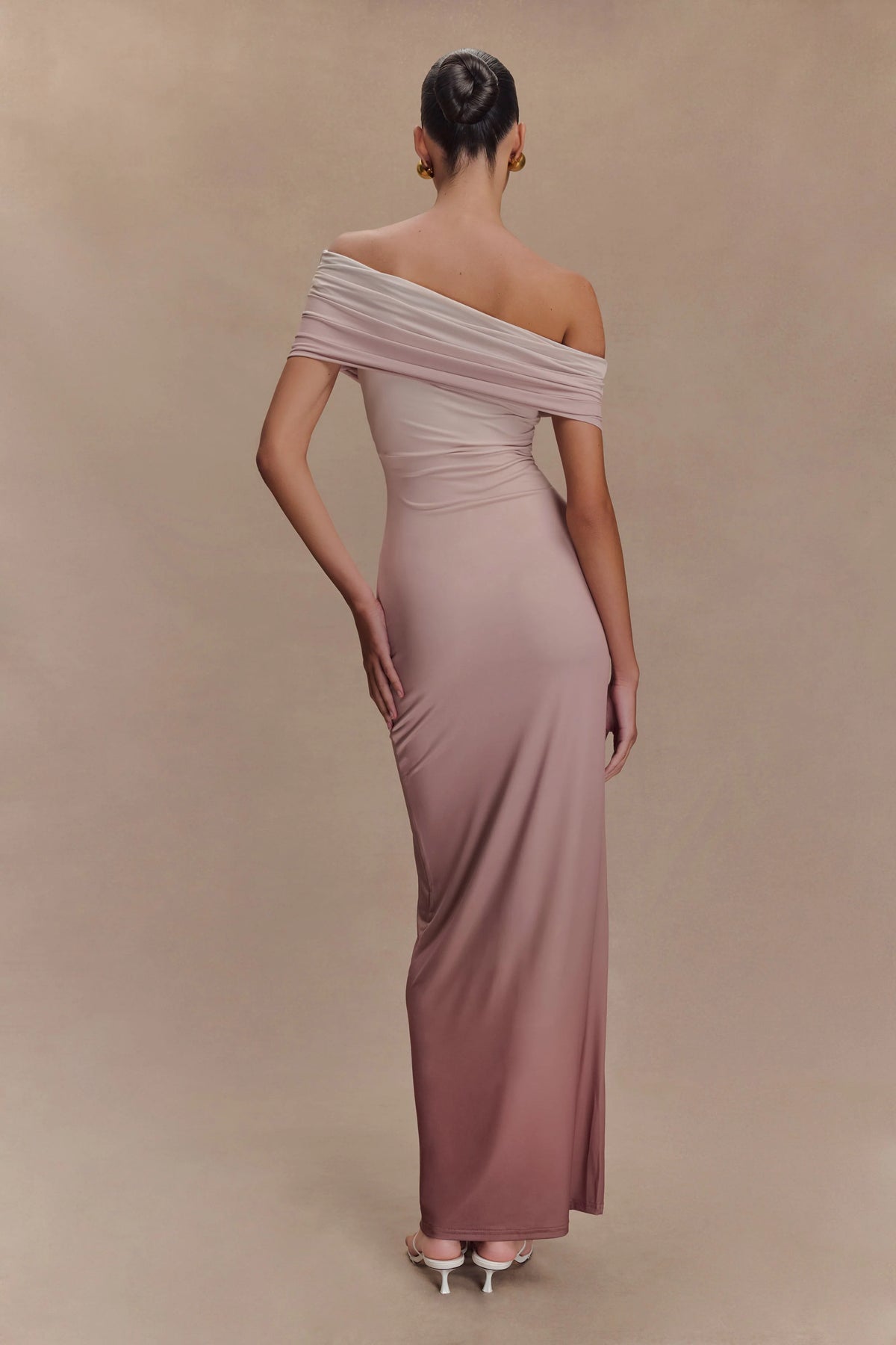 Cassandra Off Shoulder Slinky Maxi Dress - Neutral Ombre