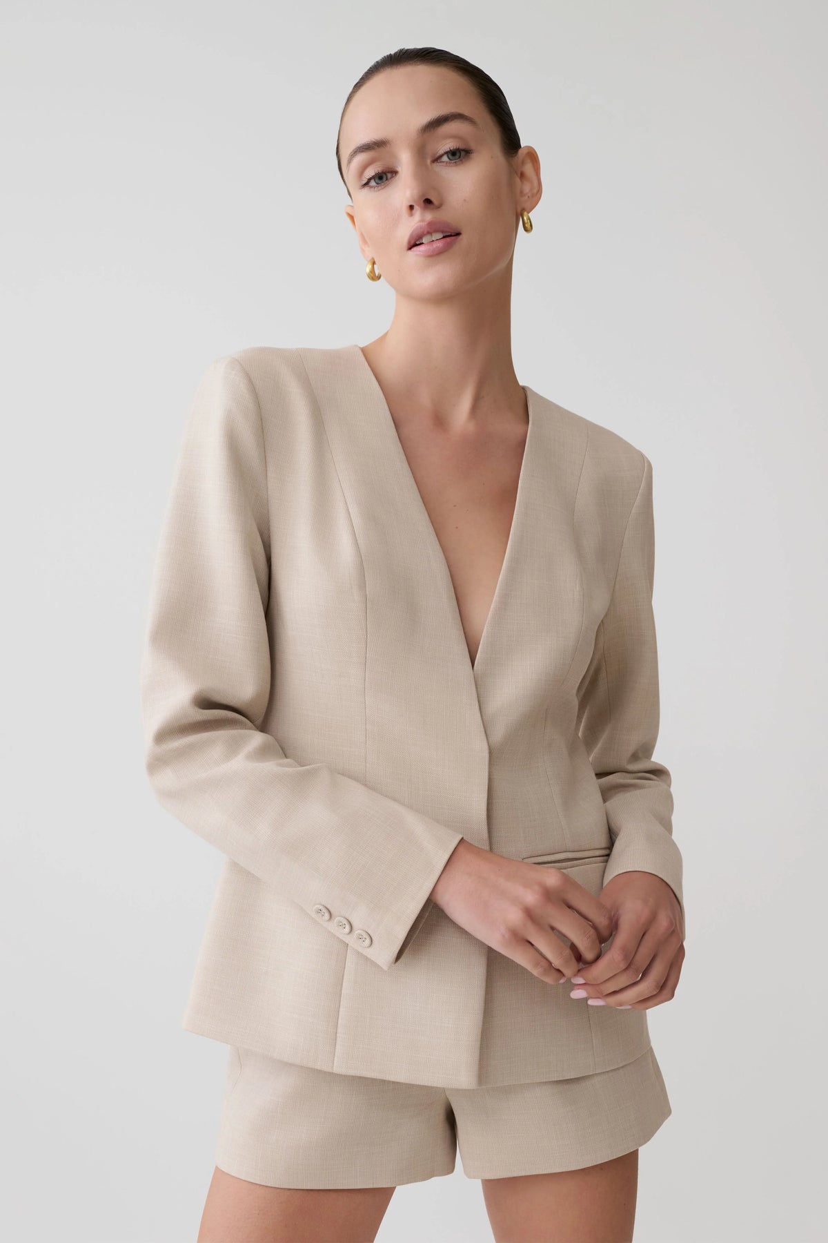 Solenne Collarless Suiting Blazer - Natural Marle