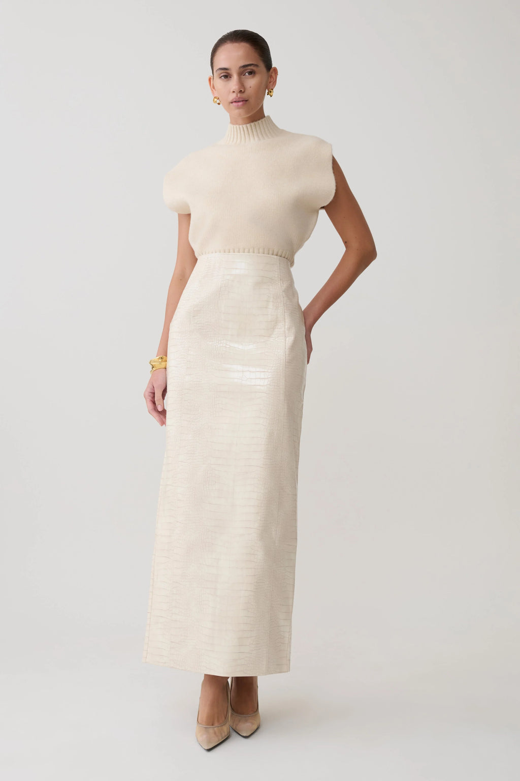 Thalia Croc Faux Leather Midi Skirt - Ivory