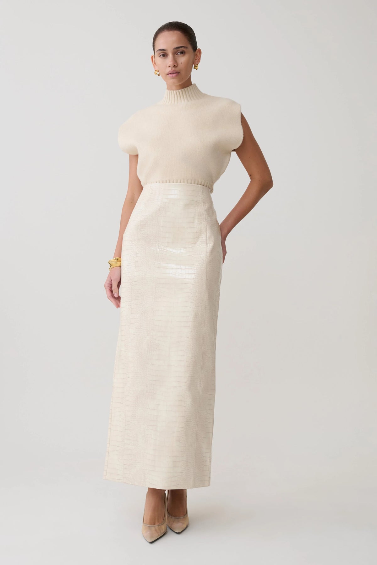 Thalia Croc Faux Leather Midi Skirt - Ivory