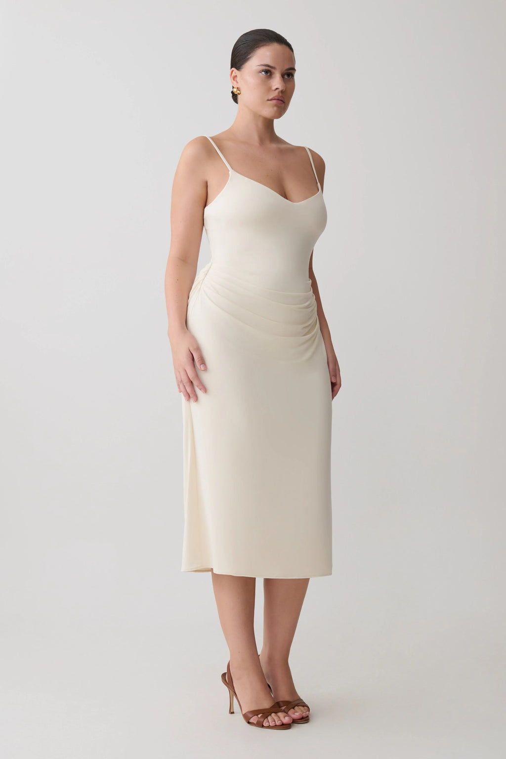 Vina Gathered Jersey Midi Dress - Ivory