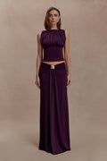 Erina Slinky Ruched Maxi Skirt With Hardware - Aubergine