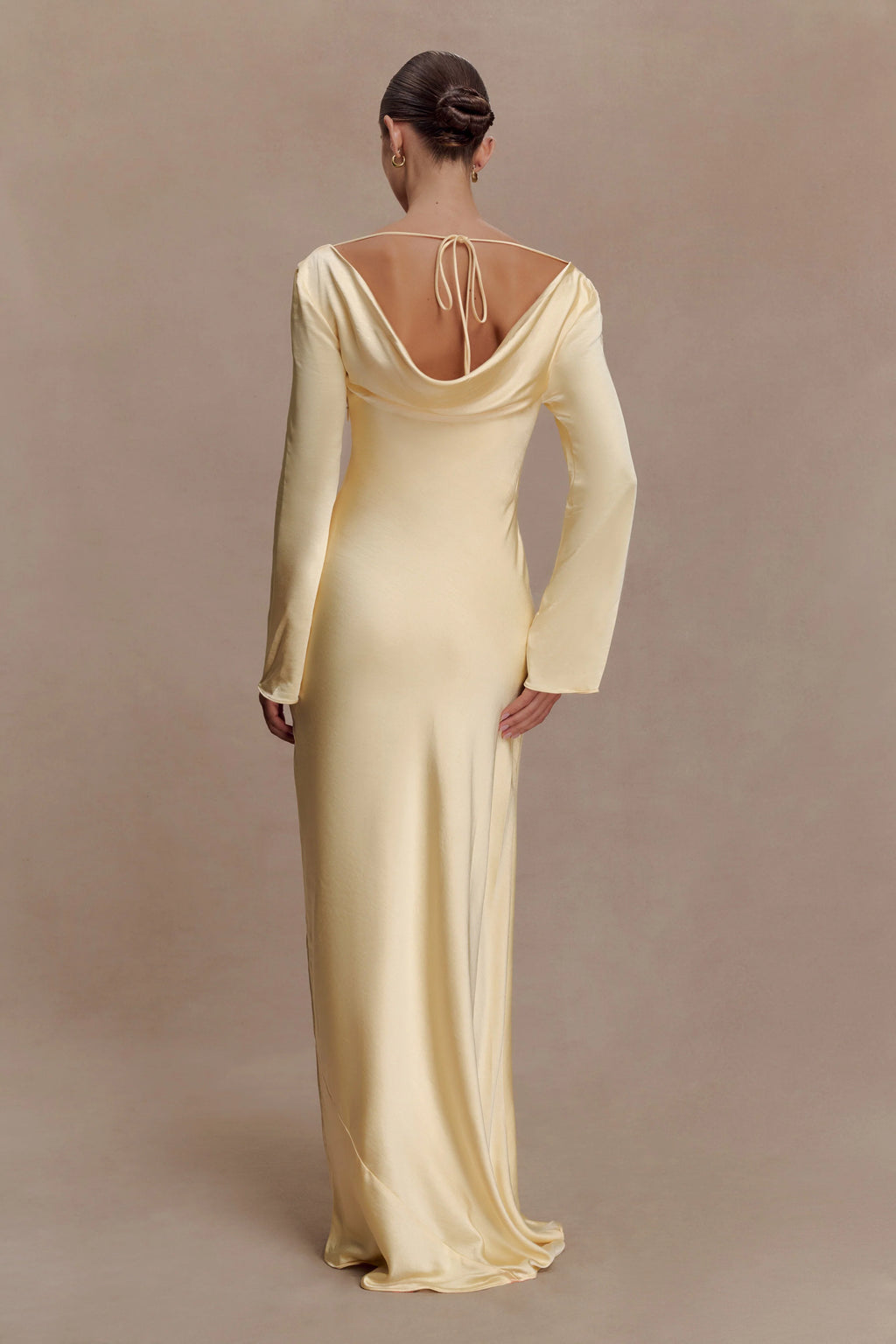Eliza Long Sleeve Cowl Lace And Satin Maxi Dress - Lemon