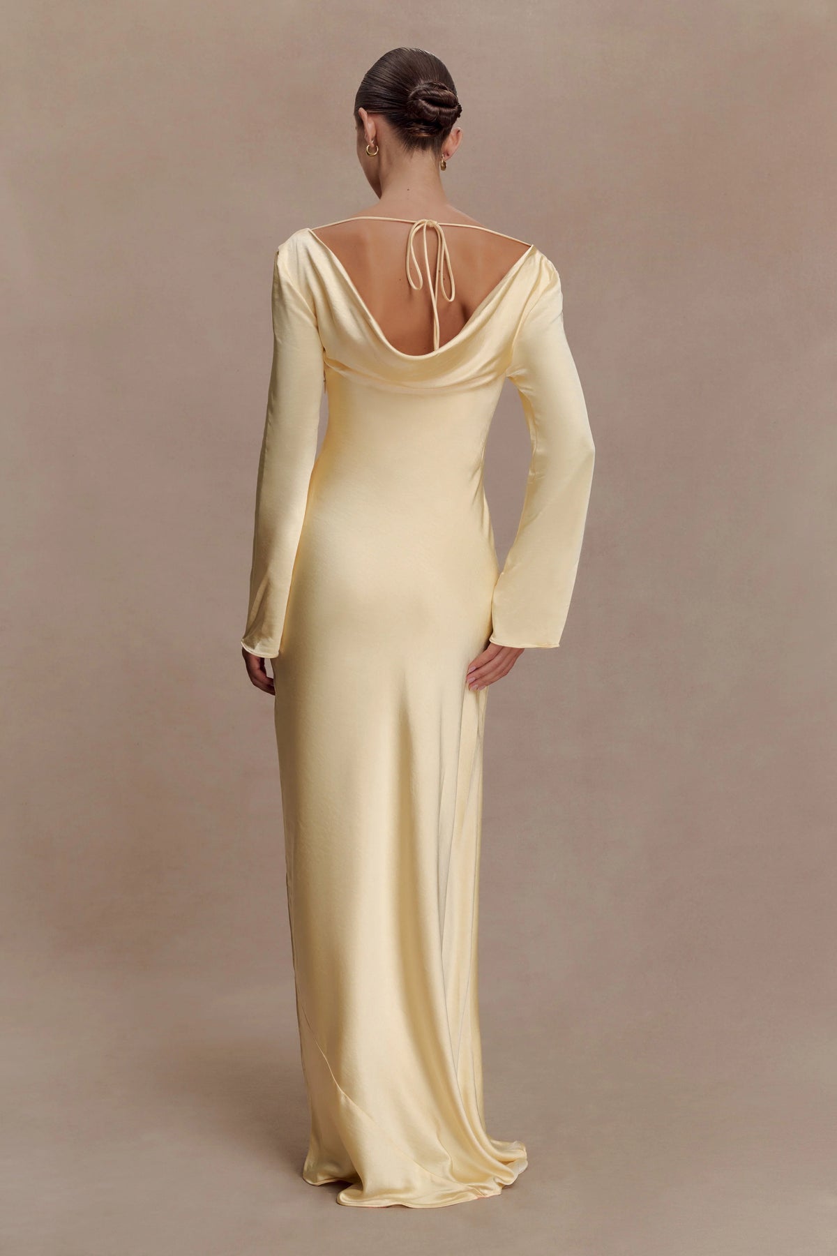 Eliza Long Sleeve Cowl Lace And Satin Maxi Dress - Lemon