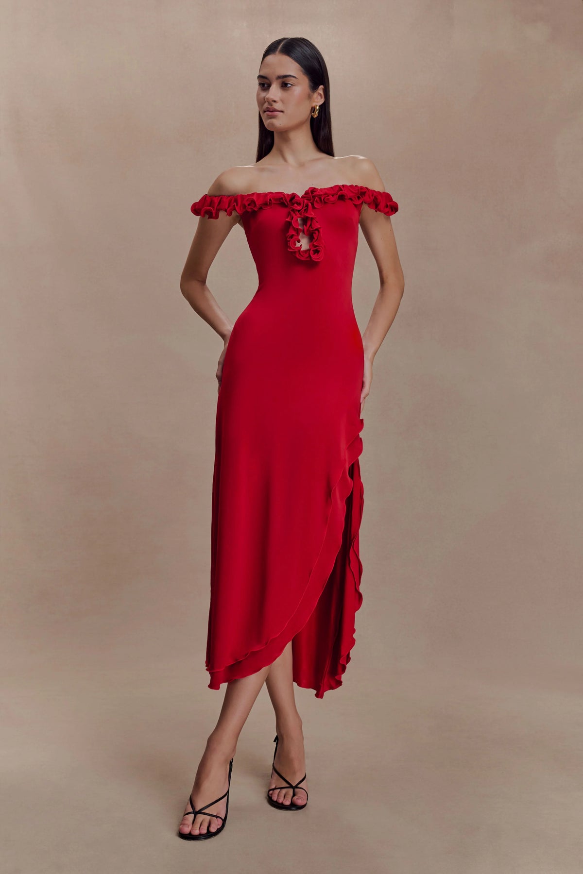 Allegra Off Shoulder Ruffle Midi Dress - Ruby