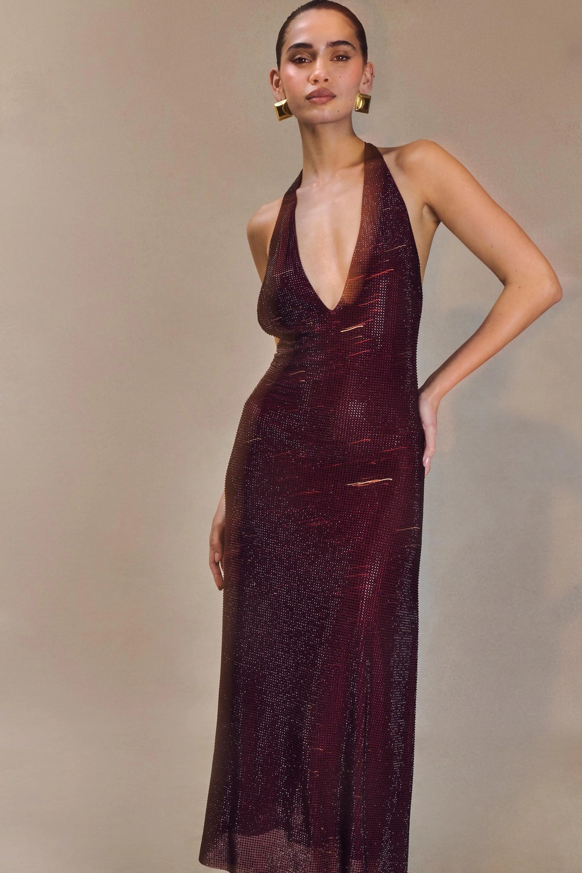 Genie Diamante Halter Midi Dress - Mahogany