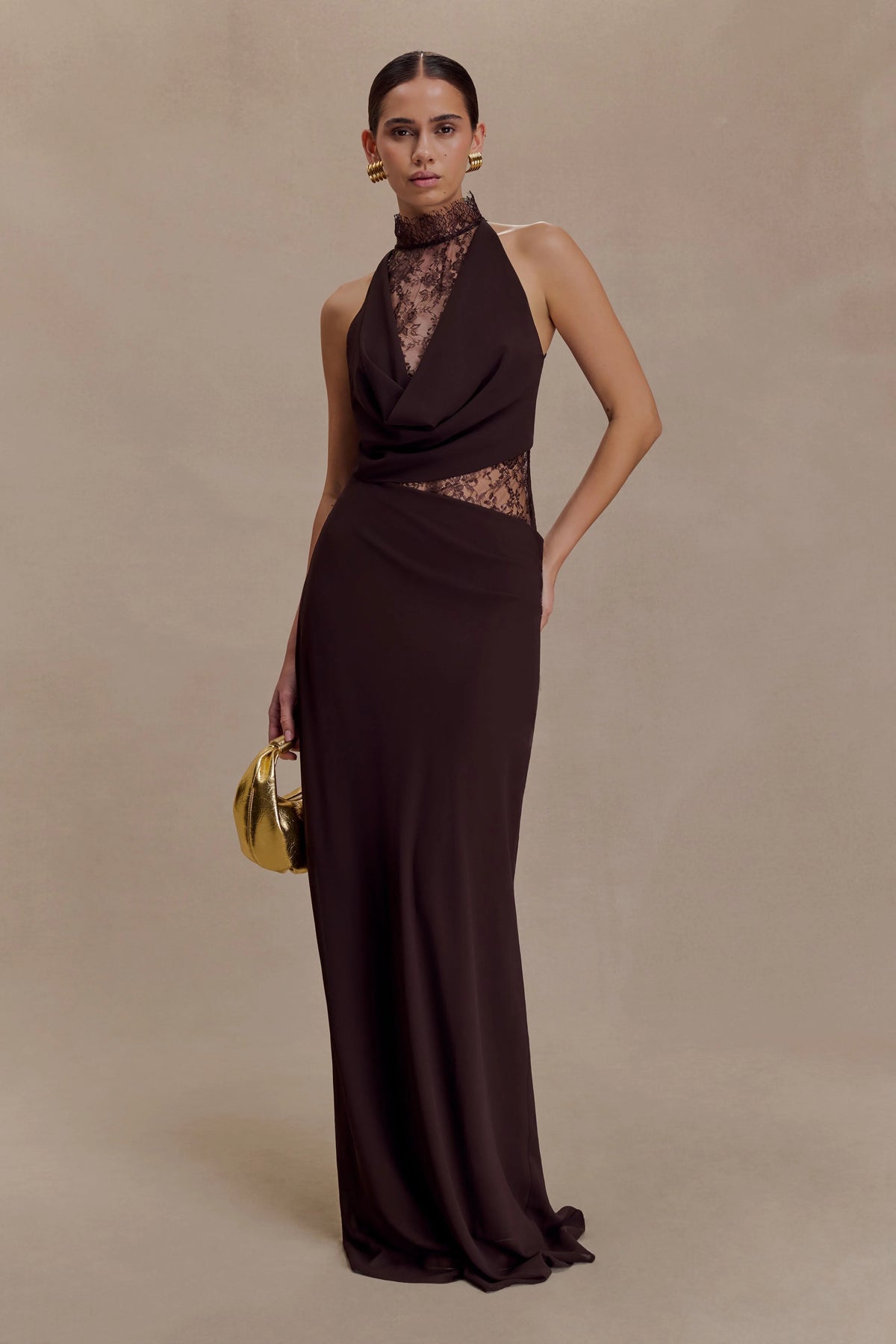 Arra Chiffon And Lace Halter Maxi Dress - Cacao Brown