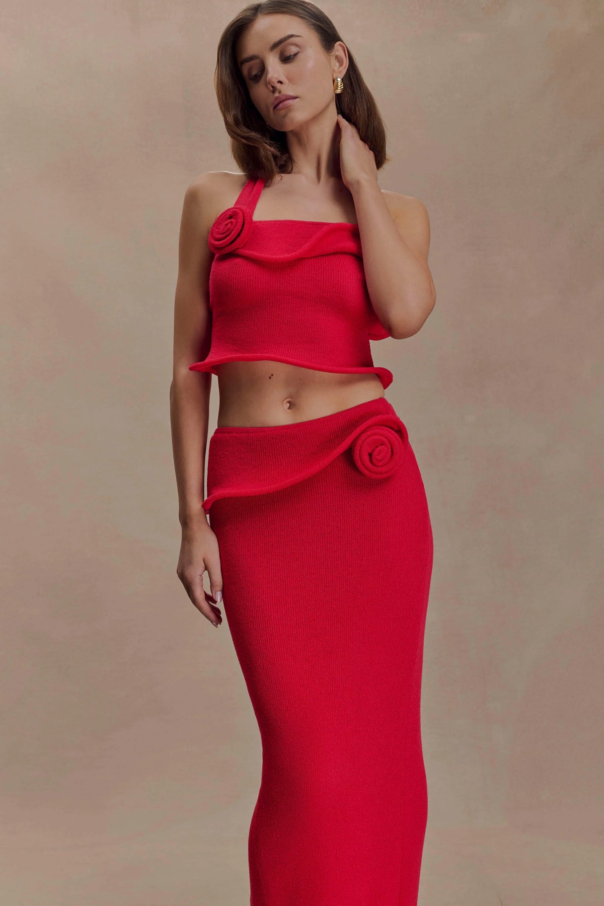 Samira Halter Knit Twist Top - Red