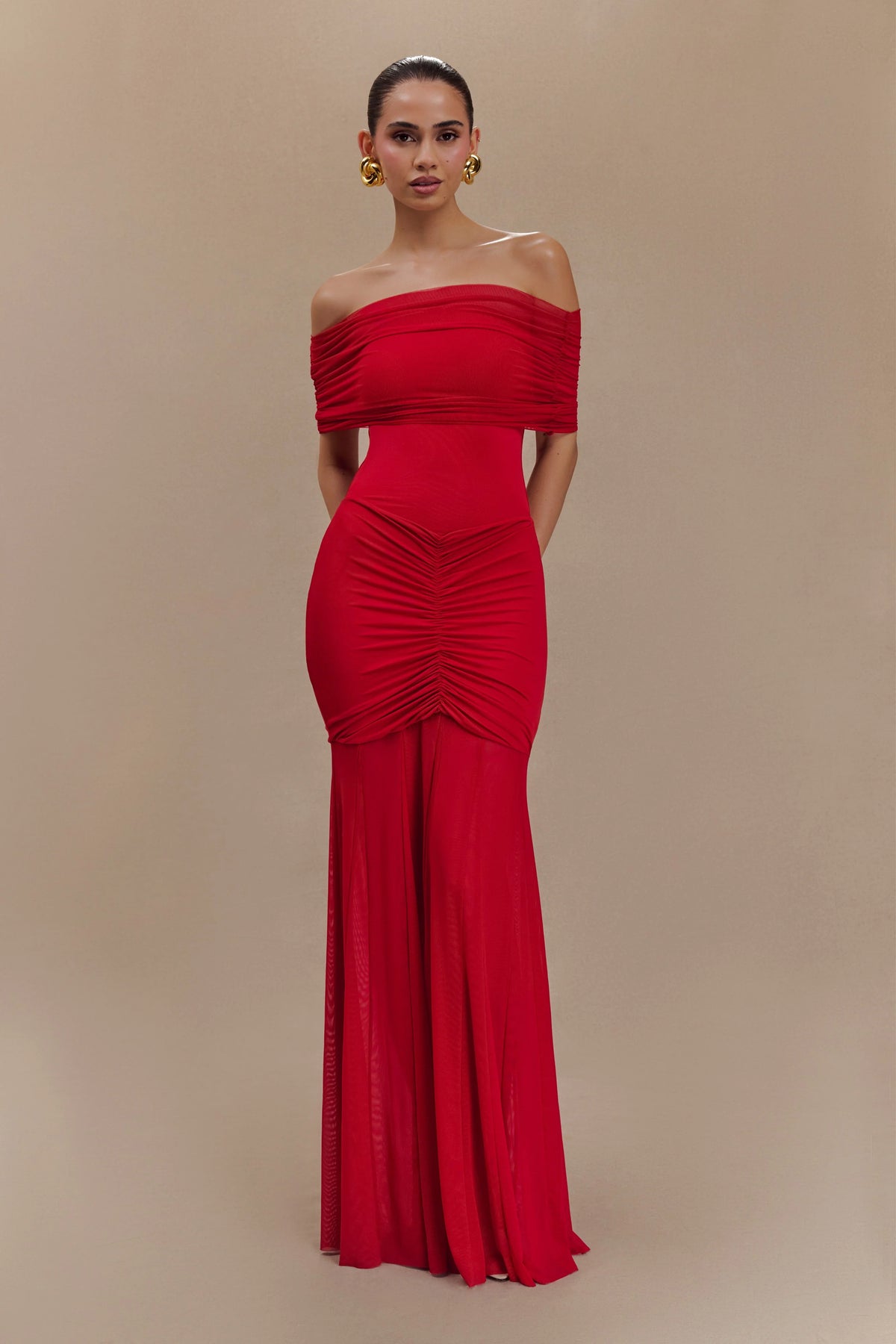 Caspian Slinky And Mesh Off Shoulder Maxi Dress - Ruby