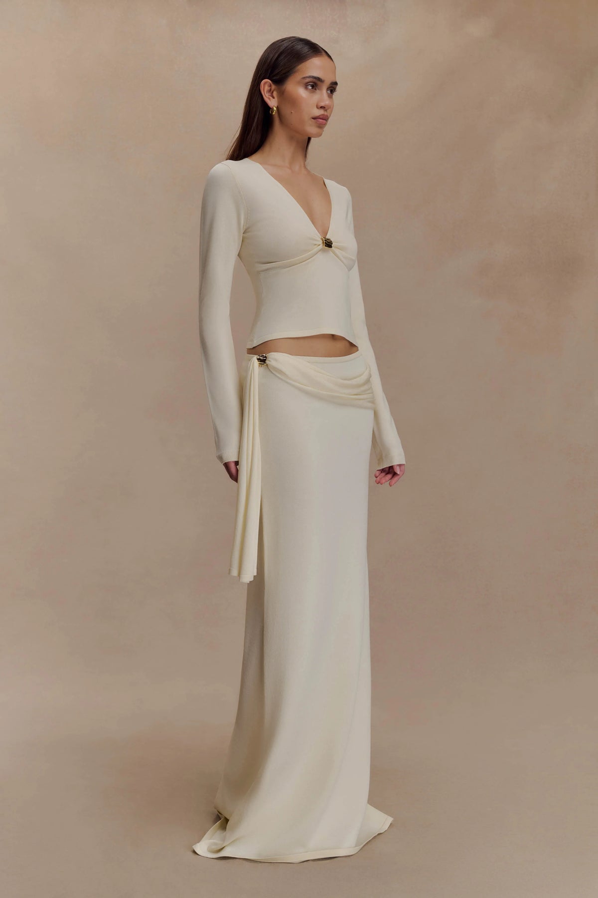 Miraby Front Ruched Knit Long Sleeve Top - Ivory