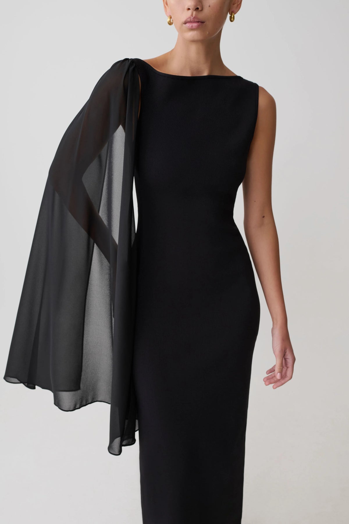Farid Bandage Midi Dress With Chiffon - Black
