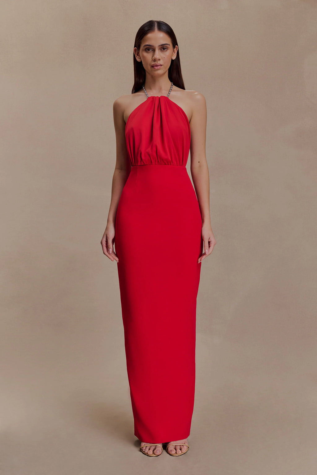 Elina Satin Necklace Maxi Dress - Red