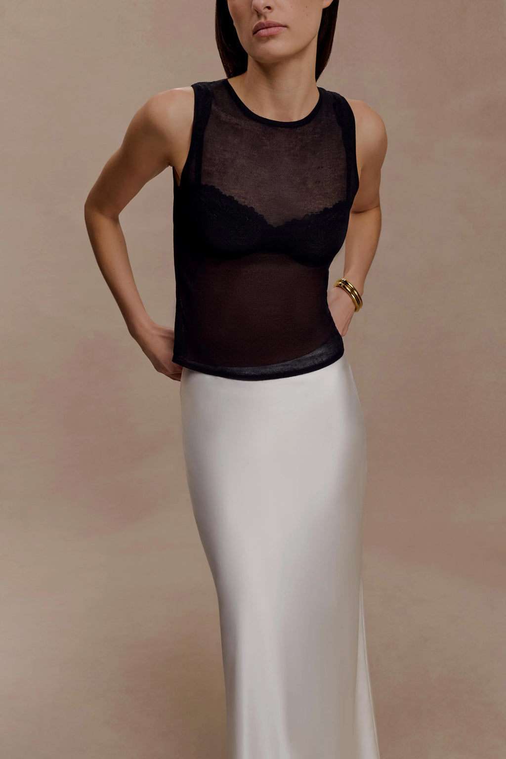 Dollie Sheer Knit Tank Top - Black