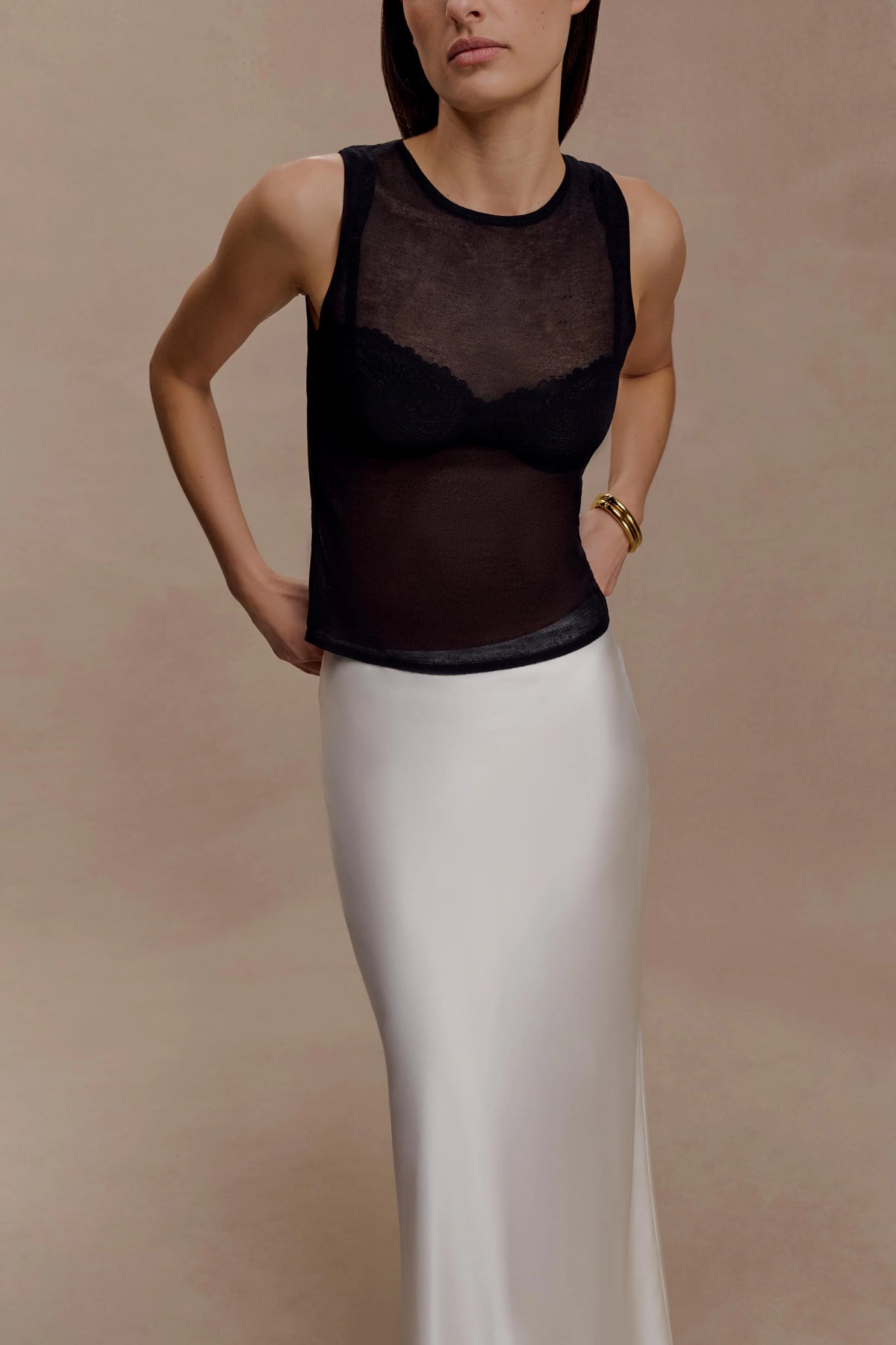 Dollie Sheer Knit Tank Top - Black