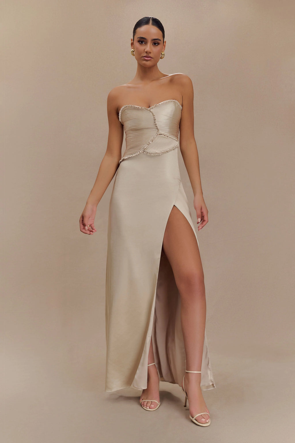 Larissa Satin Maxi Dress With Ruched Petals - Blush Gold
