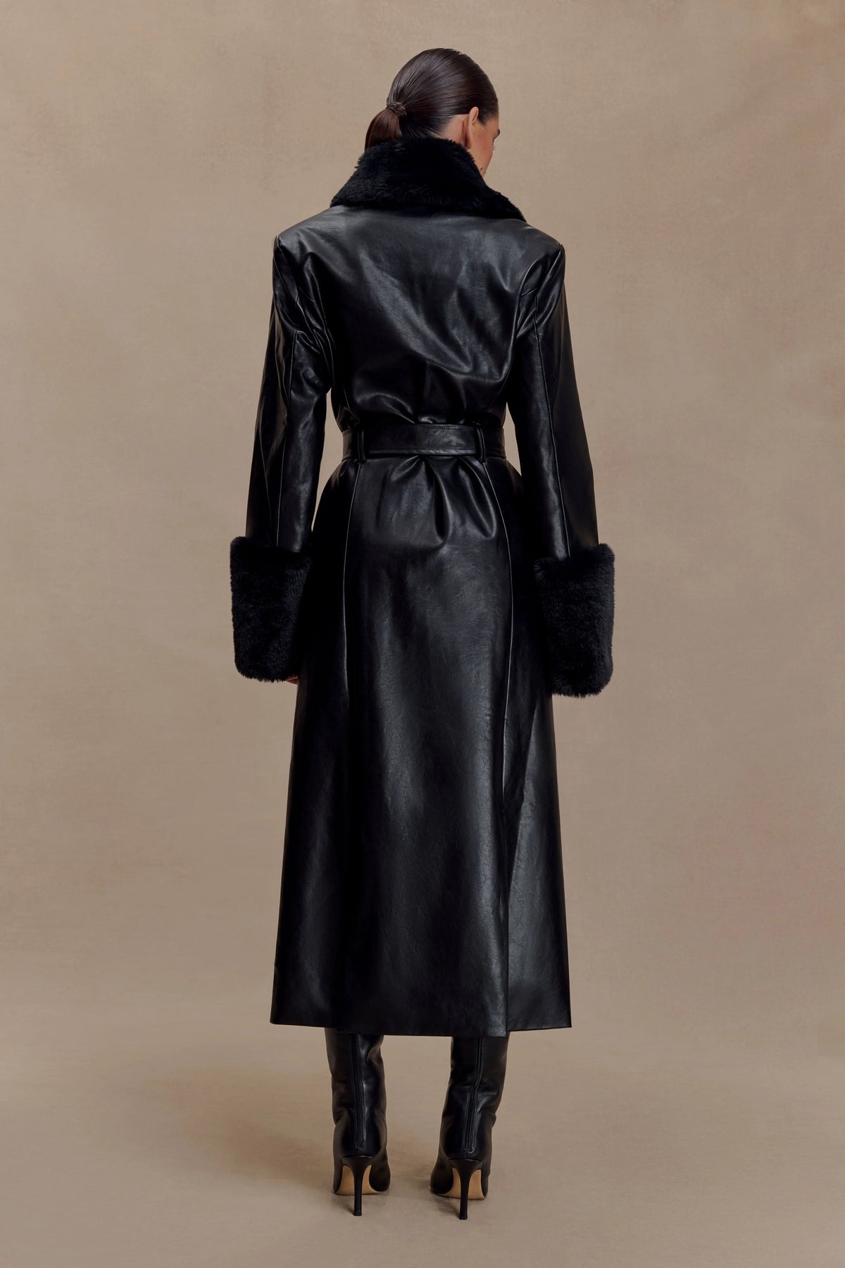 Bec Faux Leather Trench Coat With Faux Fur - Black