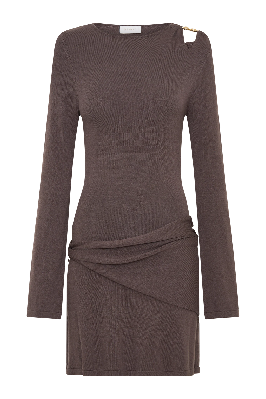 Cresida Knit Long Sleeve Mini Dress With Hardware - Peppercorn