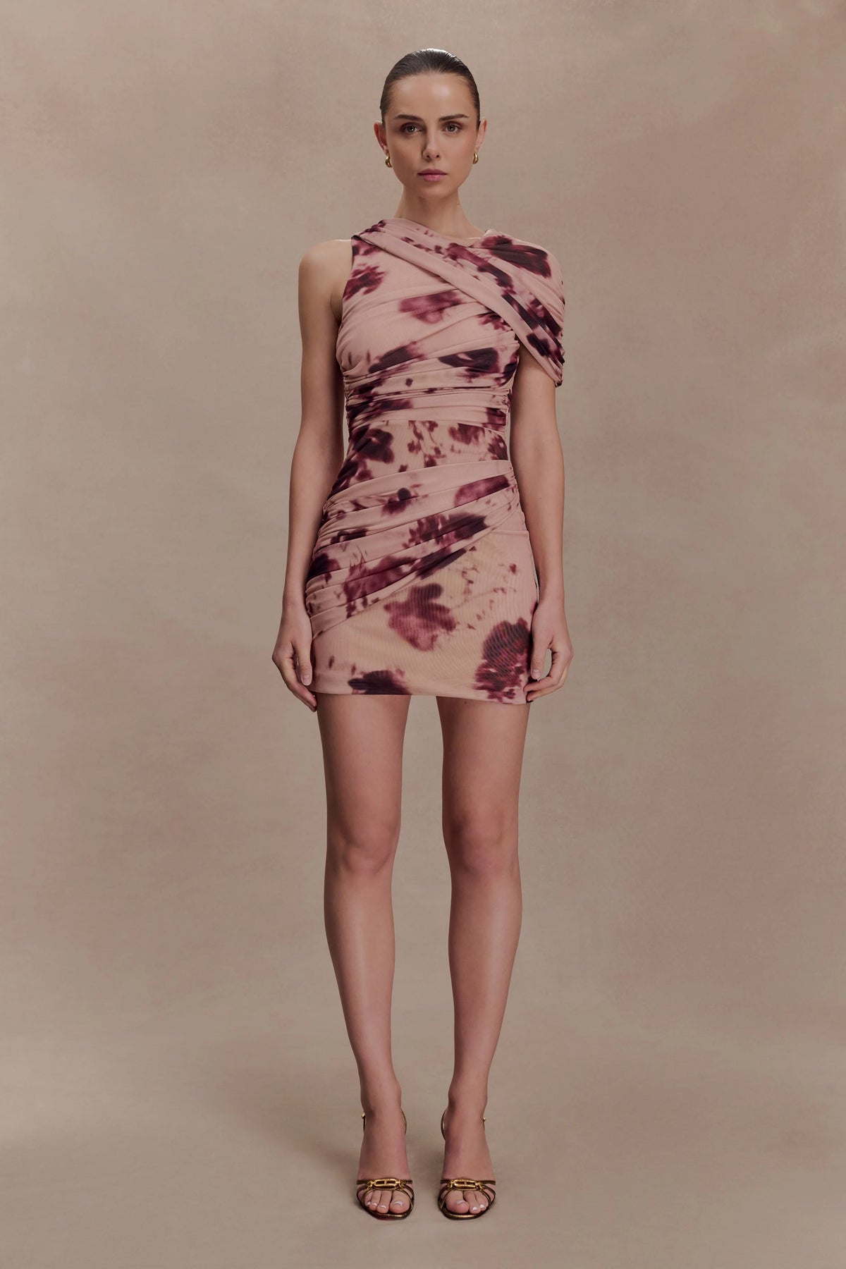 Adrienne One Shoulder Mesh Mini Dress - Nude Blurred Floral Print