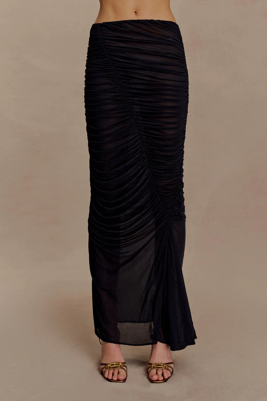 Matilda Ruched Mesh Maxi Skirt - Black