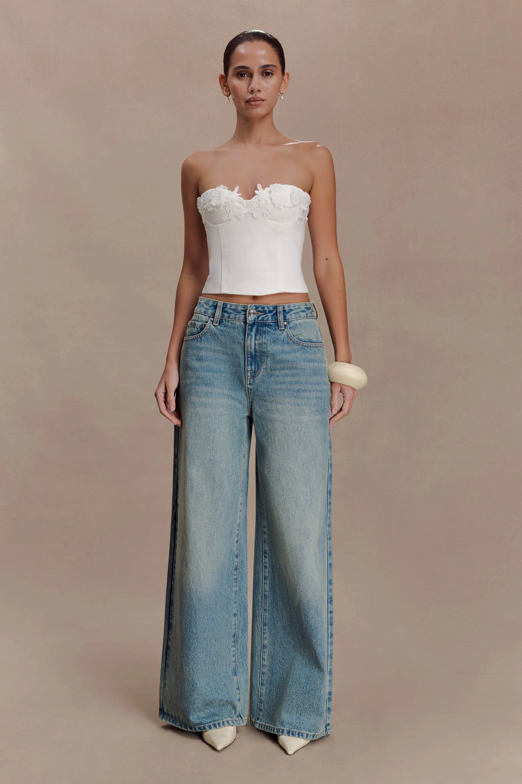 Melany Applique Denim Bustier - White