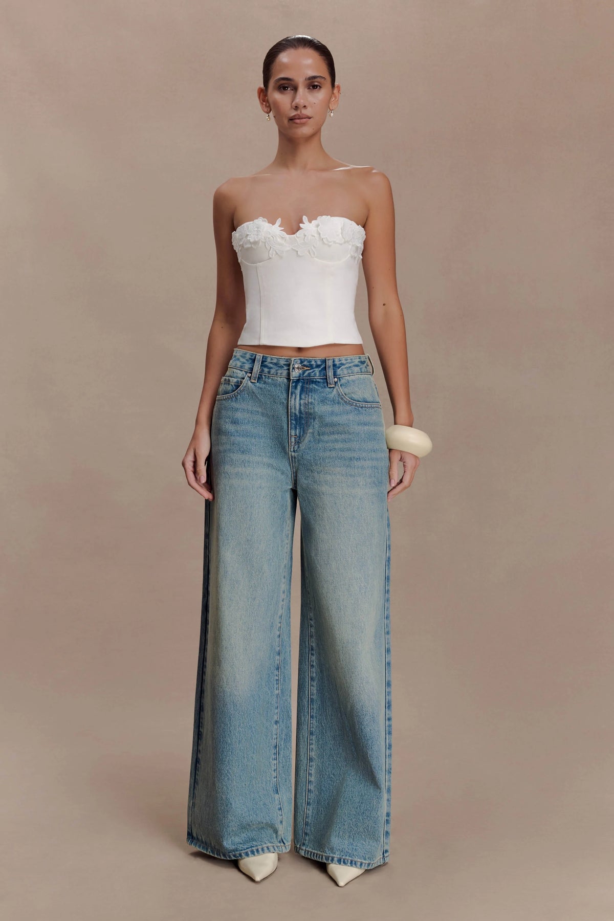 Melany Applique Denim Bustier - White