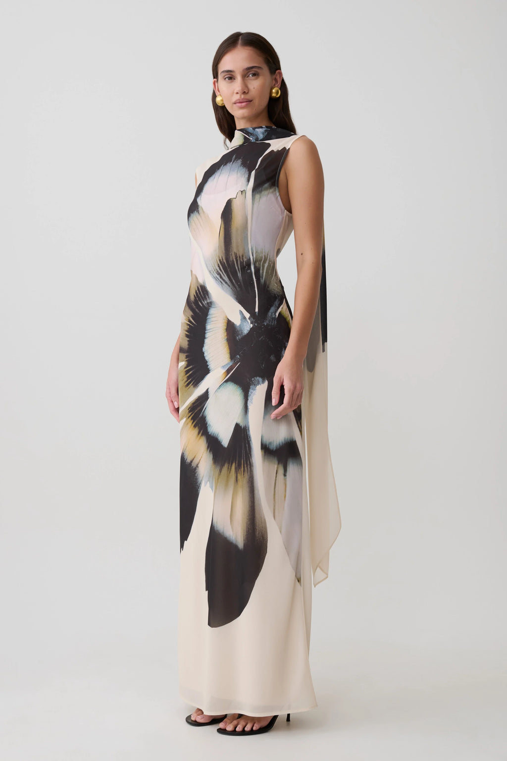 Dakota Chiffon Maxi Dress With Scarf - Ivory Oversized Floral Print