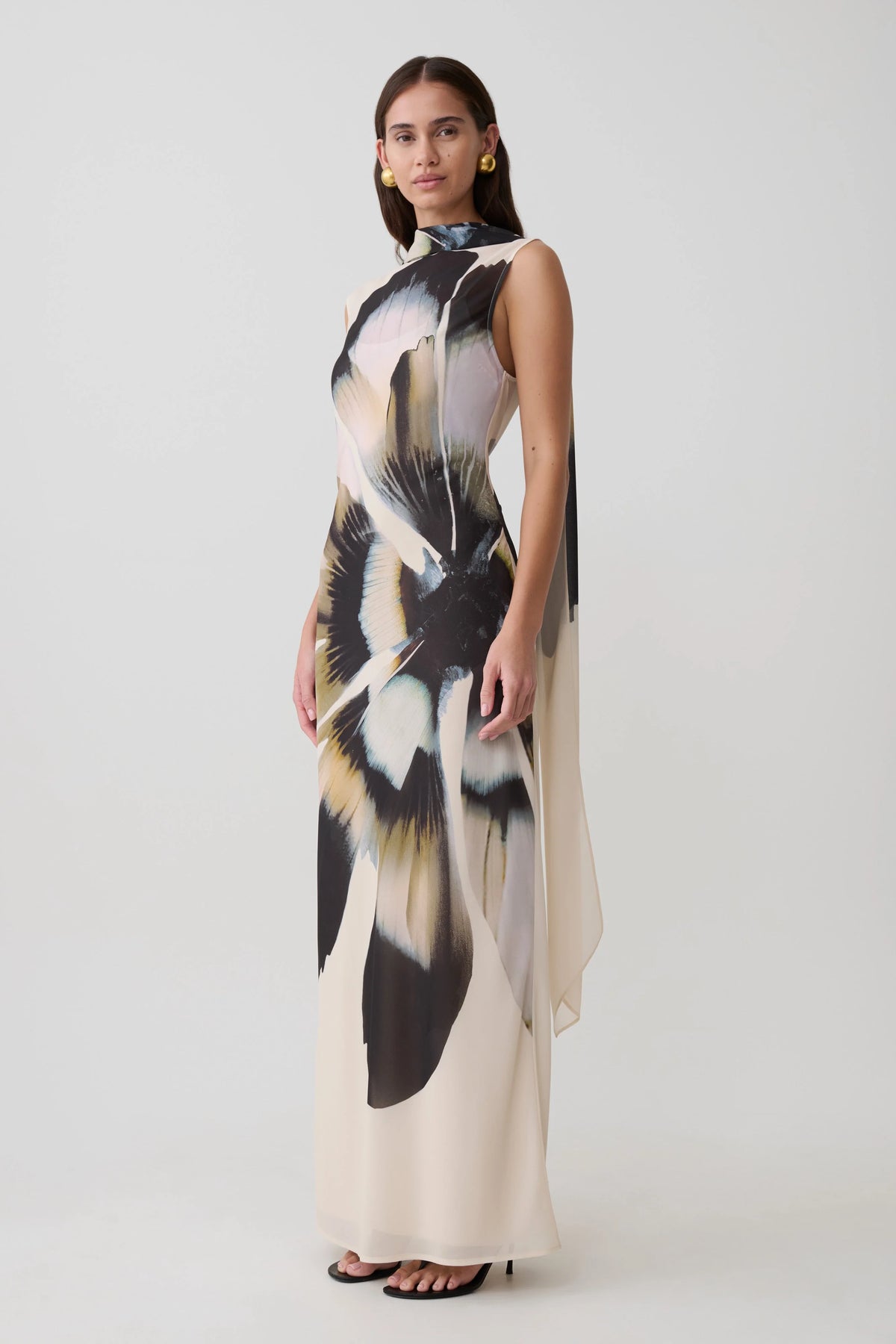 Dakota Chiffon Maxi Dress With Scarf - Ivory Oversized Floral Print