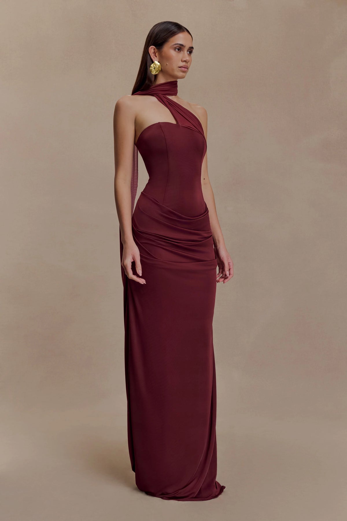 Mattea Slinky And Mesh Maxi Dress With Scarf - Burgundy