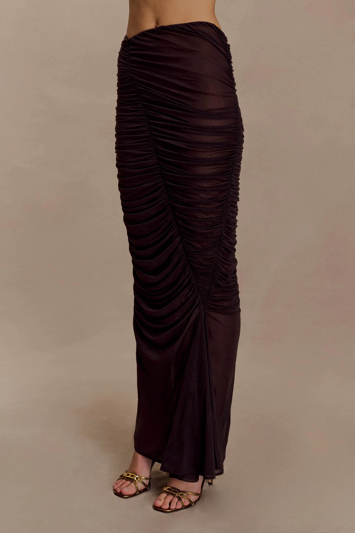 Matilda Ruched Mesh Maxi Skirt - Chocolate