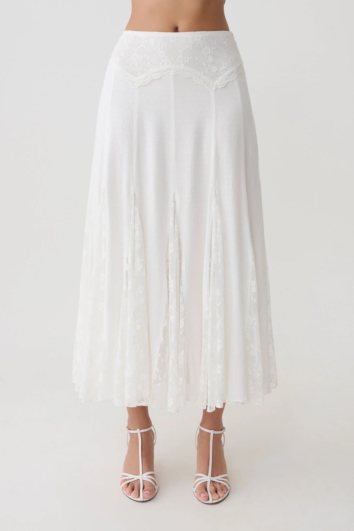 Skylar Lace Panelled Midi Skirt - White