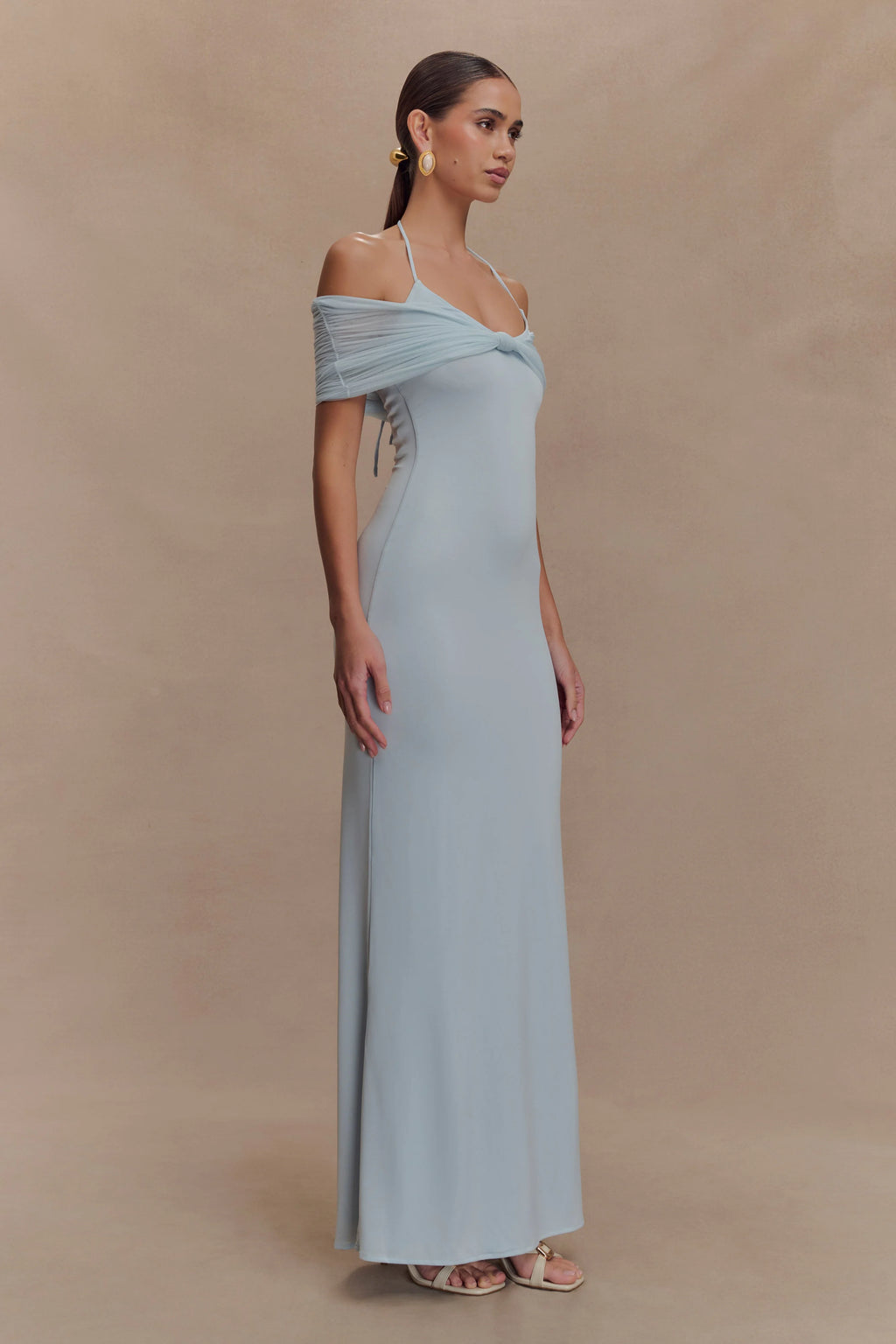 Bernadina Mesh And Slinky Halter Maxi Dress - Pale Blue