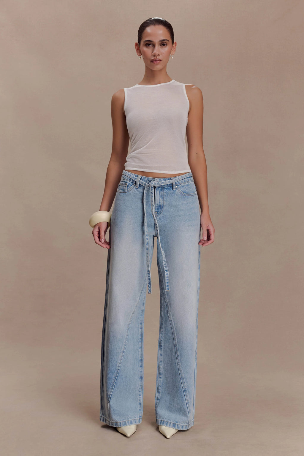 Perrie Mid Rise Straight Leg Tie Jeans - Washed Light Blue