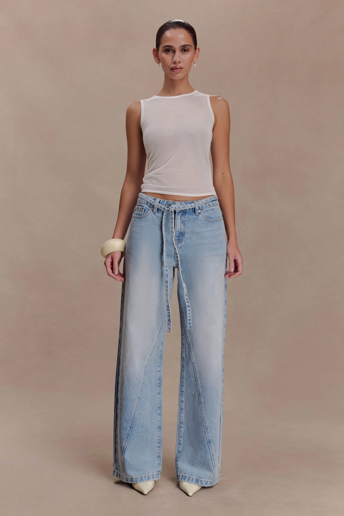 Perrie Mid Rise Straight Leg Tie Jeans - Washed Light Blue