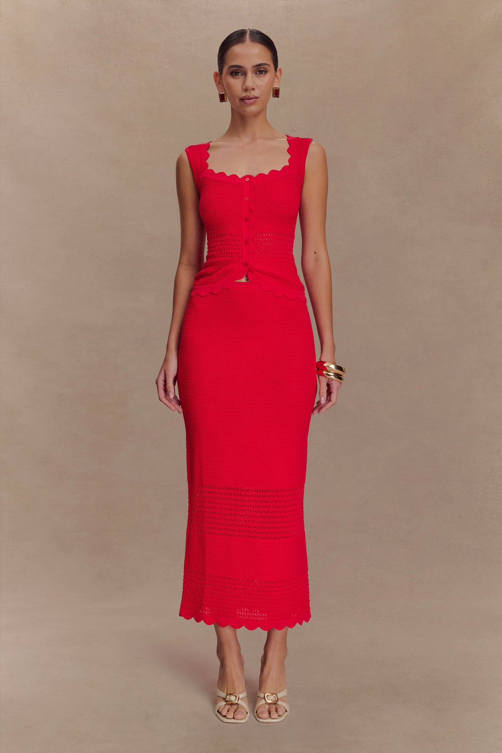 Madeline Scallop Knit Midi Skirt - Red