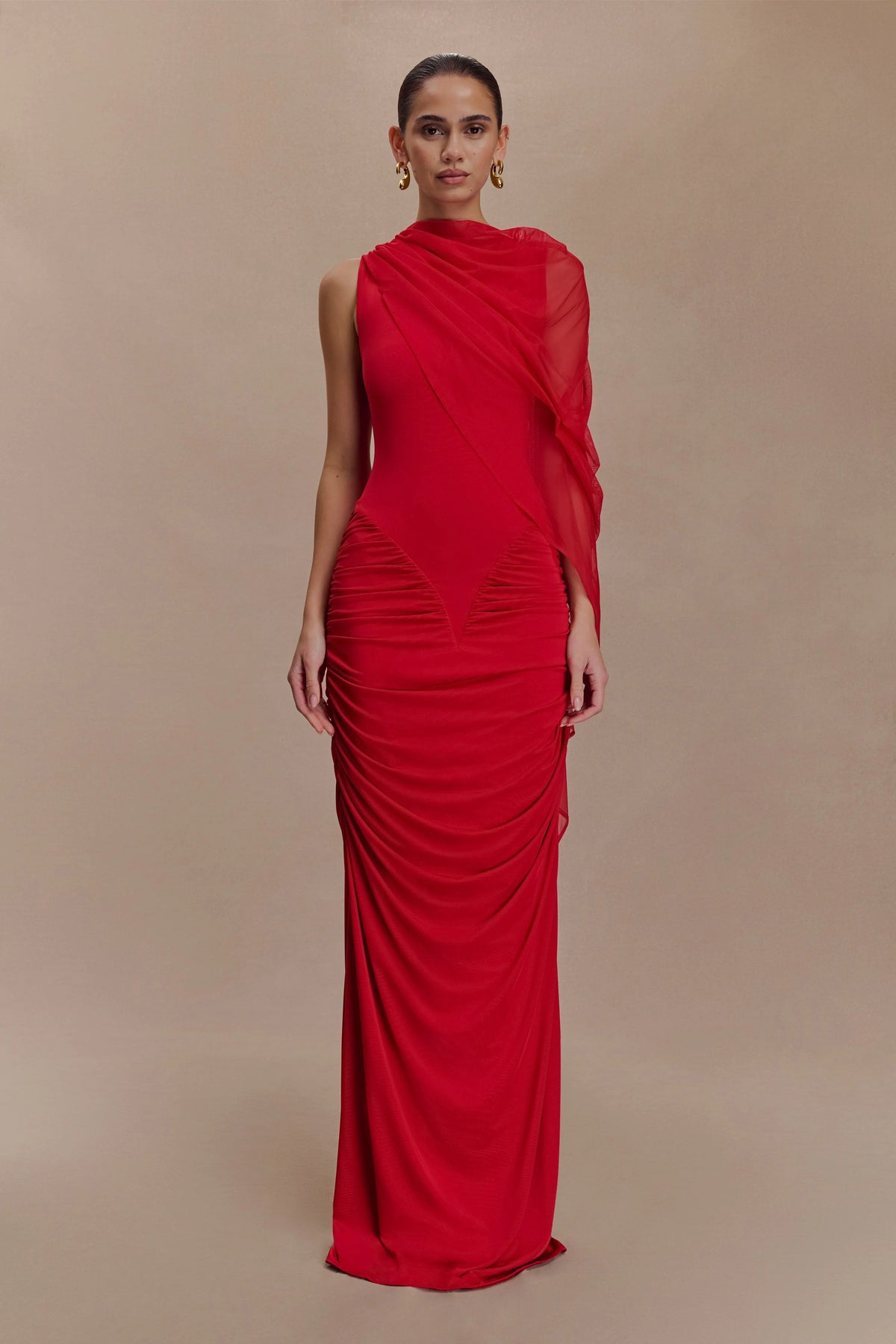 Amandine Ruched Slinky Maxi Dress - Ruby