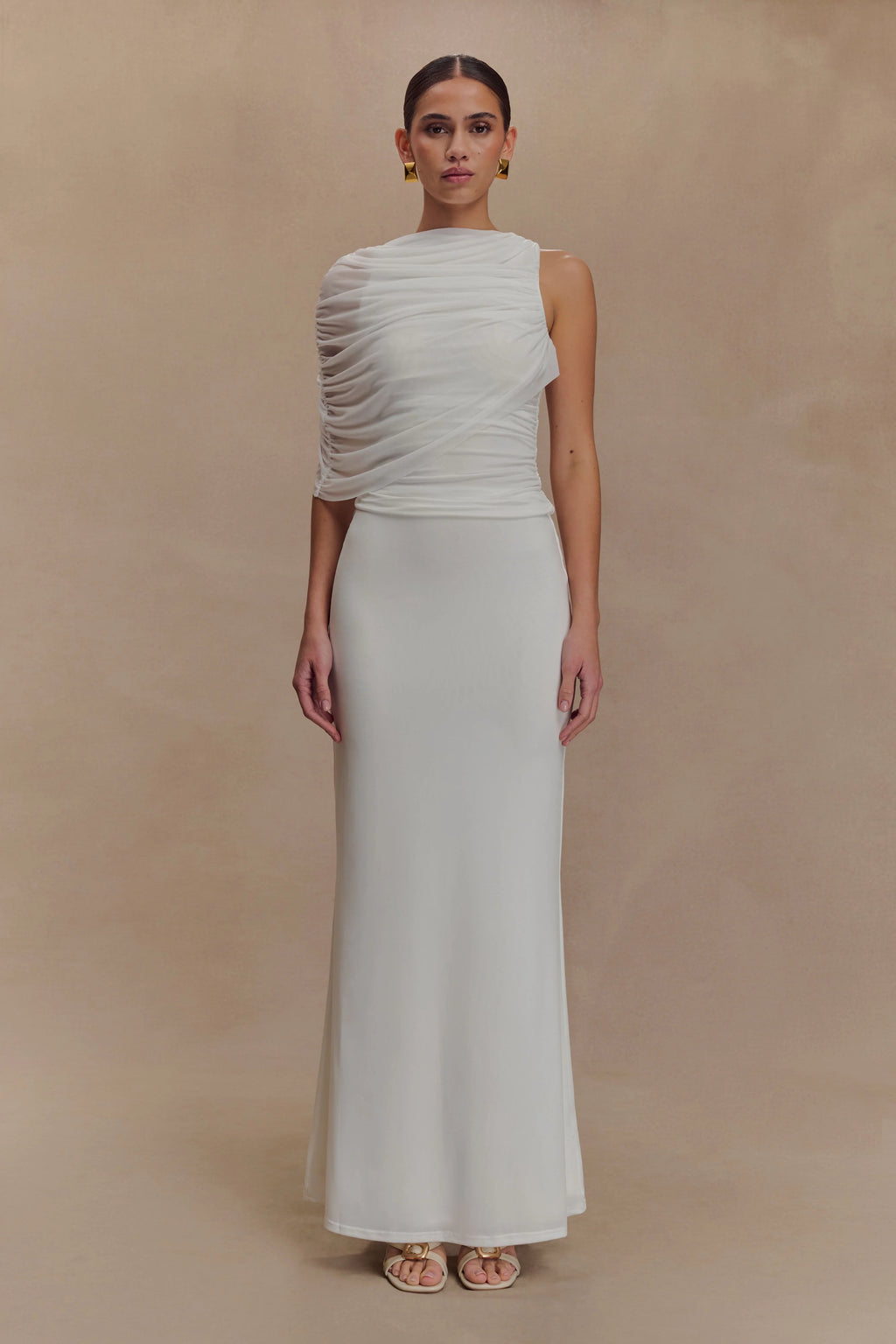 Pruedance Slinky Draped Top With Mesh Overlay - White