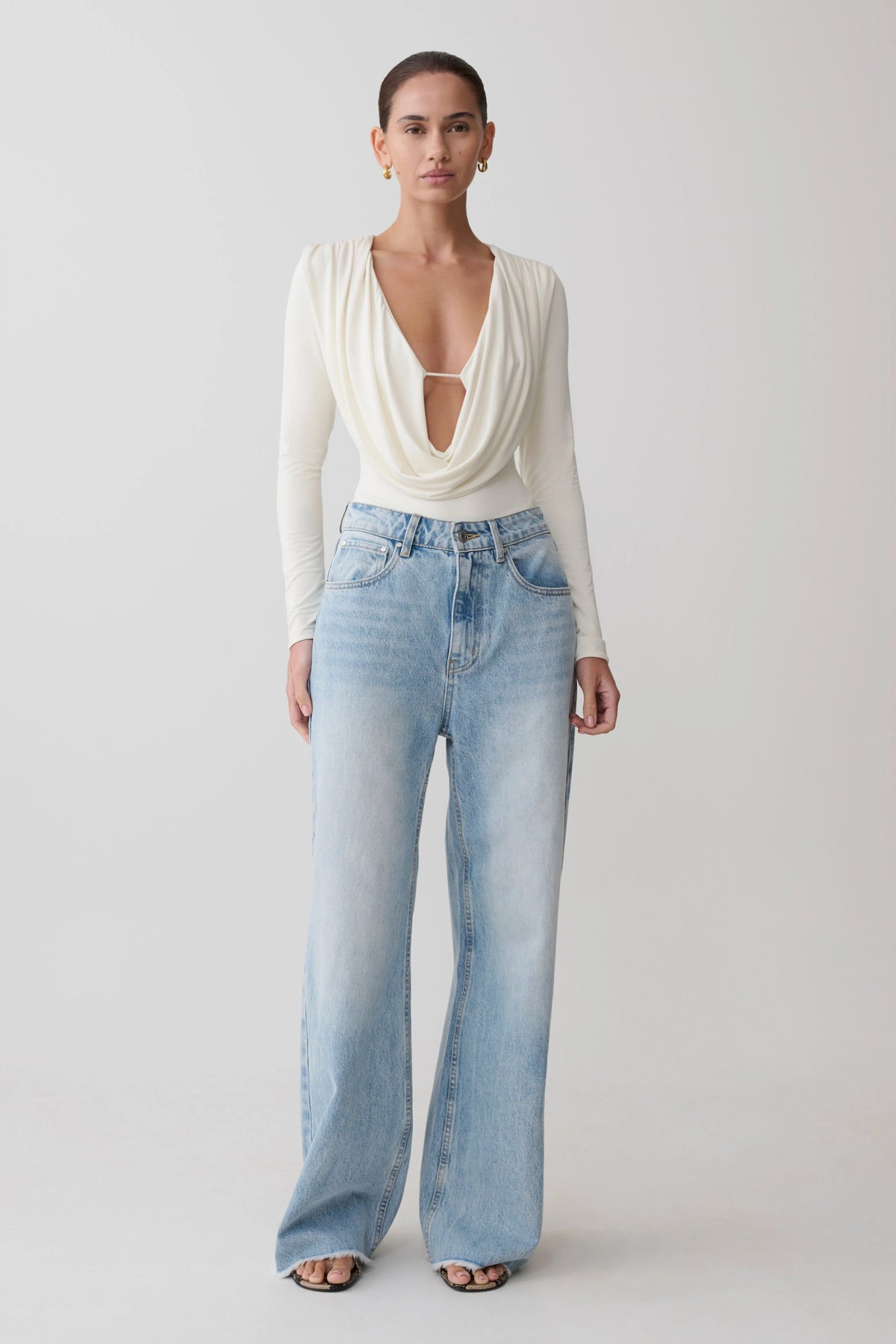 Ren Cowl Long Sleeve Slinky Bodysuit - Ivory