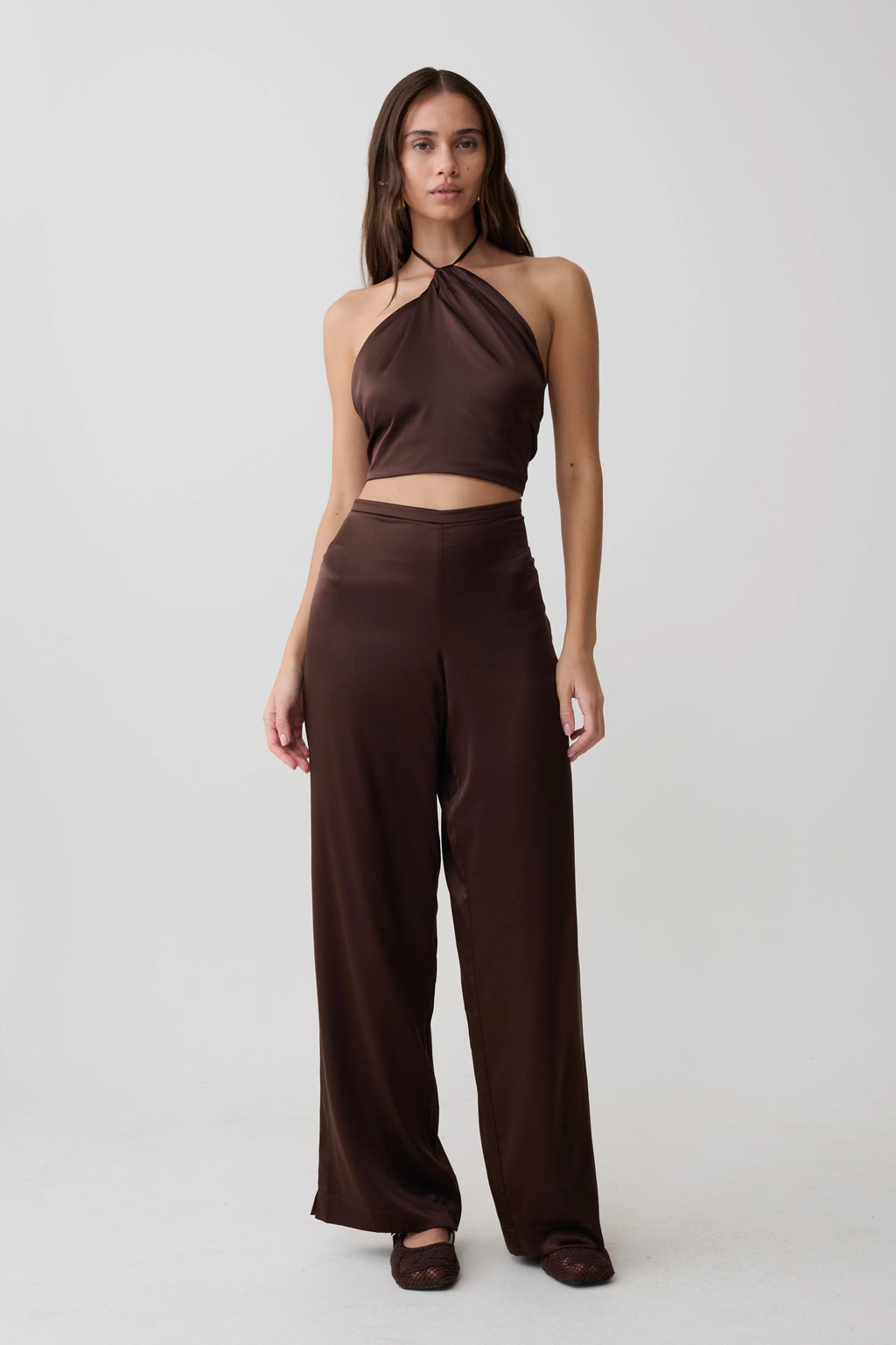 Kayla Silk Blend Straight Leg Pants - Dark Chocolate