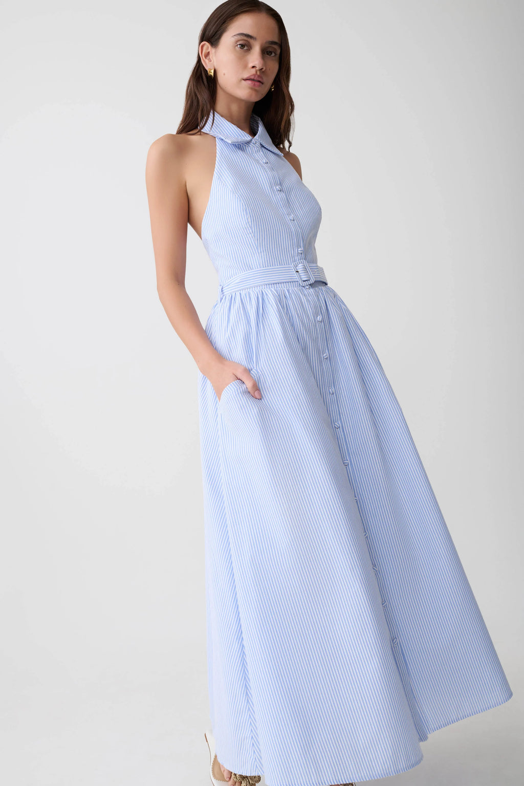 Cindy Collared Midi Dress - Blue Pinstripe