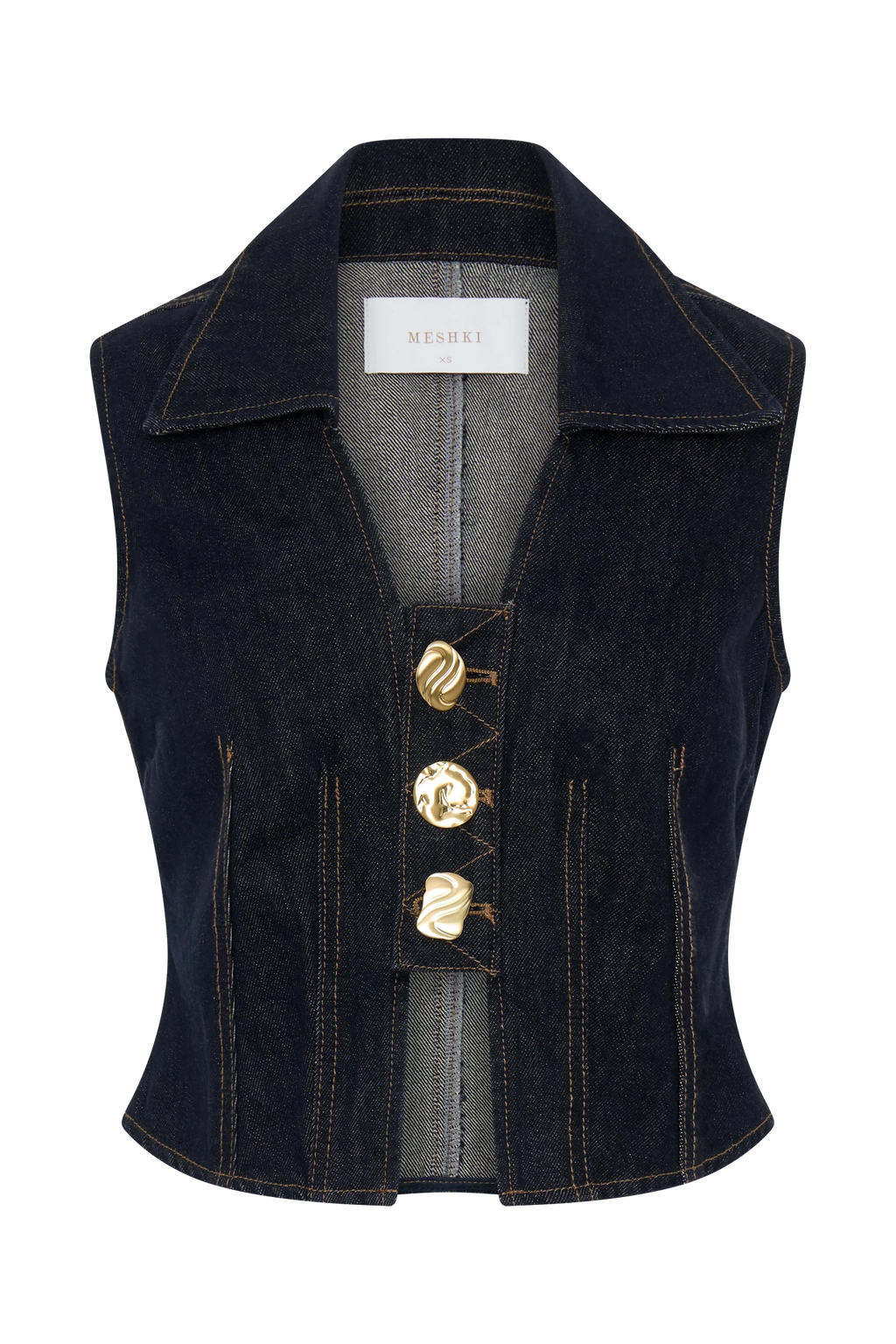 Shona Denim Vest With Decorative Buttons - Washed Indigo Blue