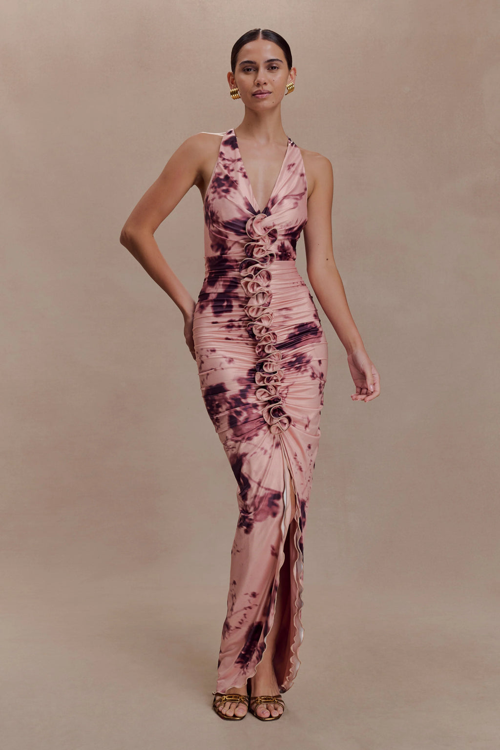 Alessandra Slinky Ruffle Maxi Dress - Pink Blurred Floral Print