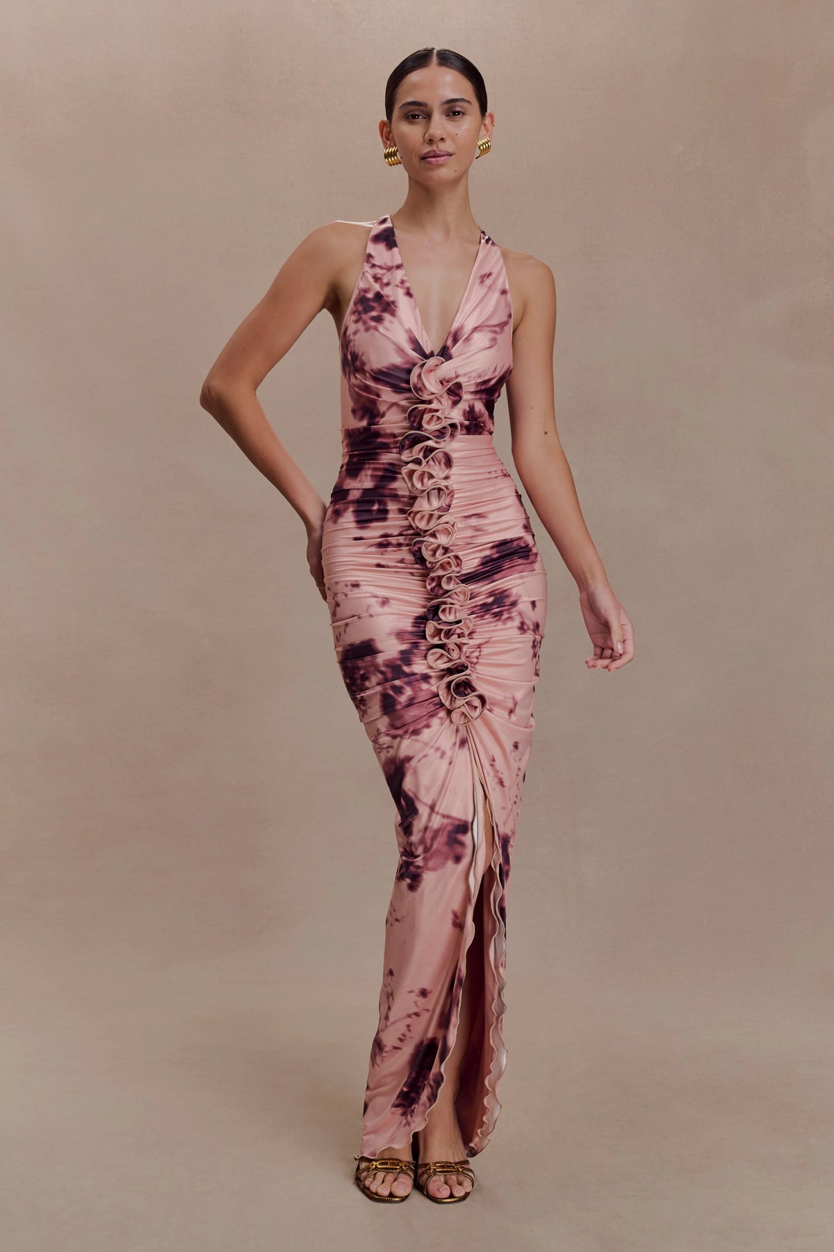 Alessandra Slinky Ruffle Maxi Dress - Pink Blurred Floral Print