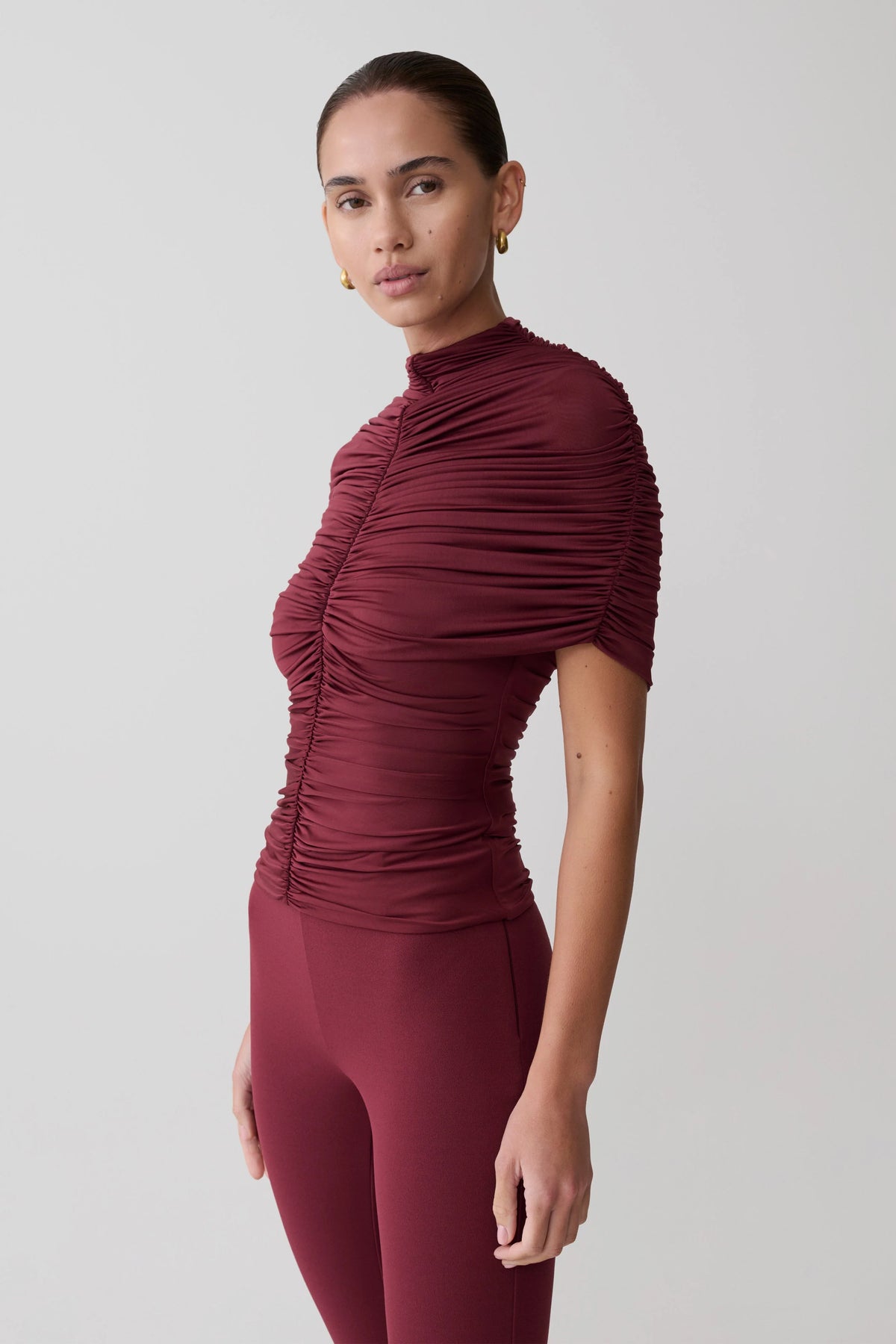 Linh Slinky High Neck Gathered Top - Mahogany