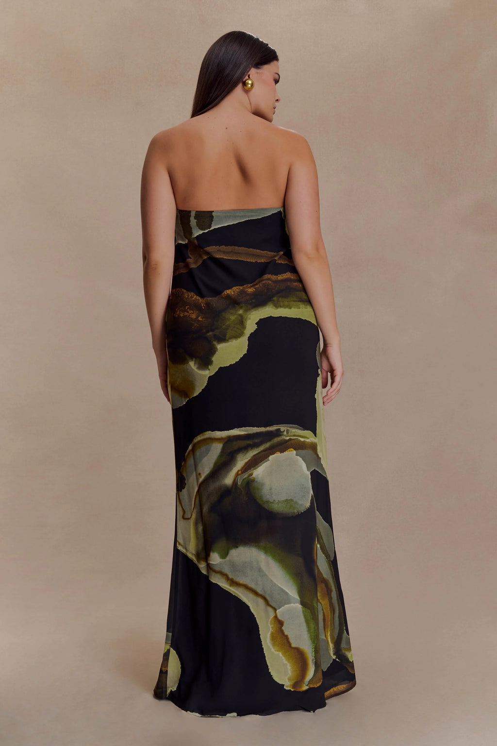 Amaya Strapless Chiffon Maxi Dress - Green Fluid Reverie Print