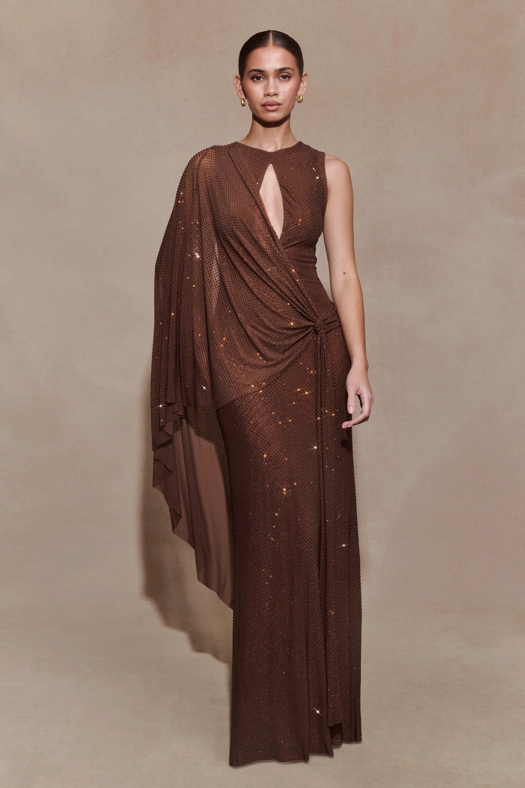 Bakari Diamante Cape Maxi Dress - Chocolate