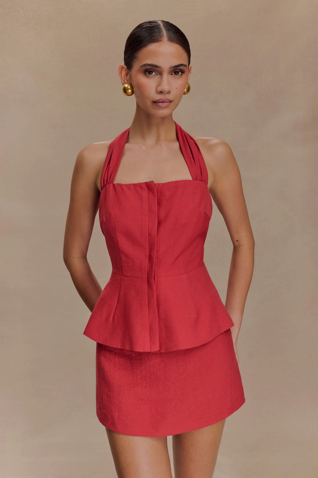 Kallie Linen Peplum Halter Top - Burnt Rose
